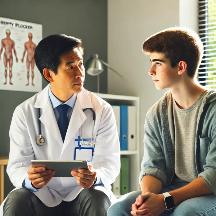 "A medical professional discussing puberty blockers with a transgender teenager."